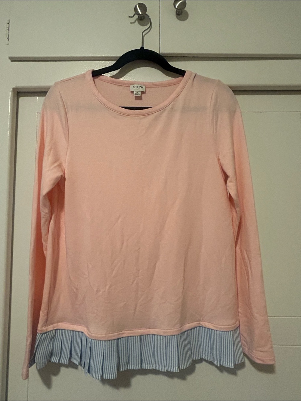 J. Crew Peach Top with Blue-White Striped Pleat